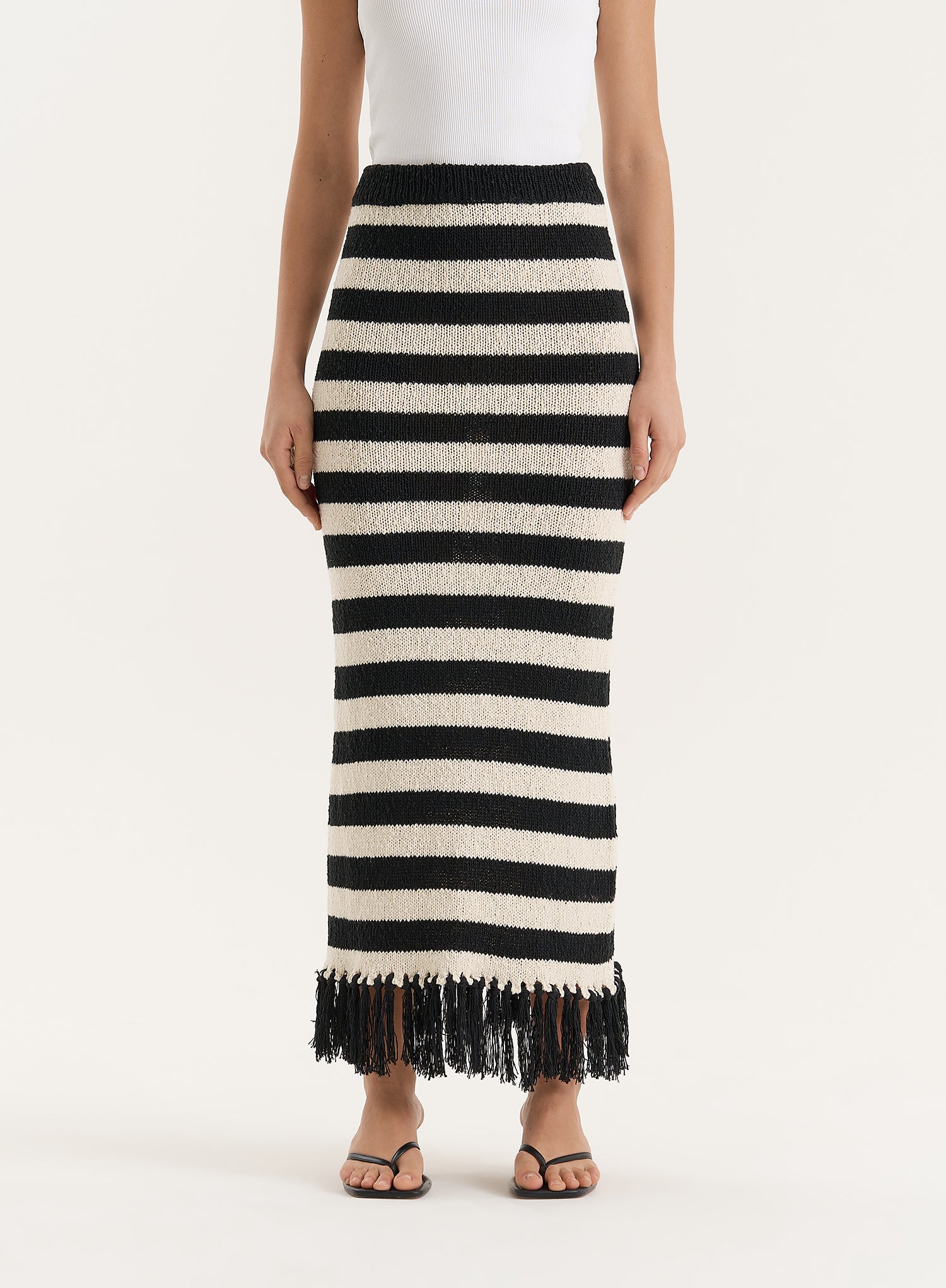 Striped Knitted Tassel Trim Maxi Skirt